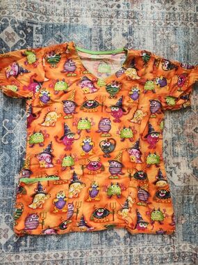 Women’s Halloween Orange Printed Scrub Top